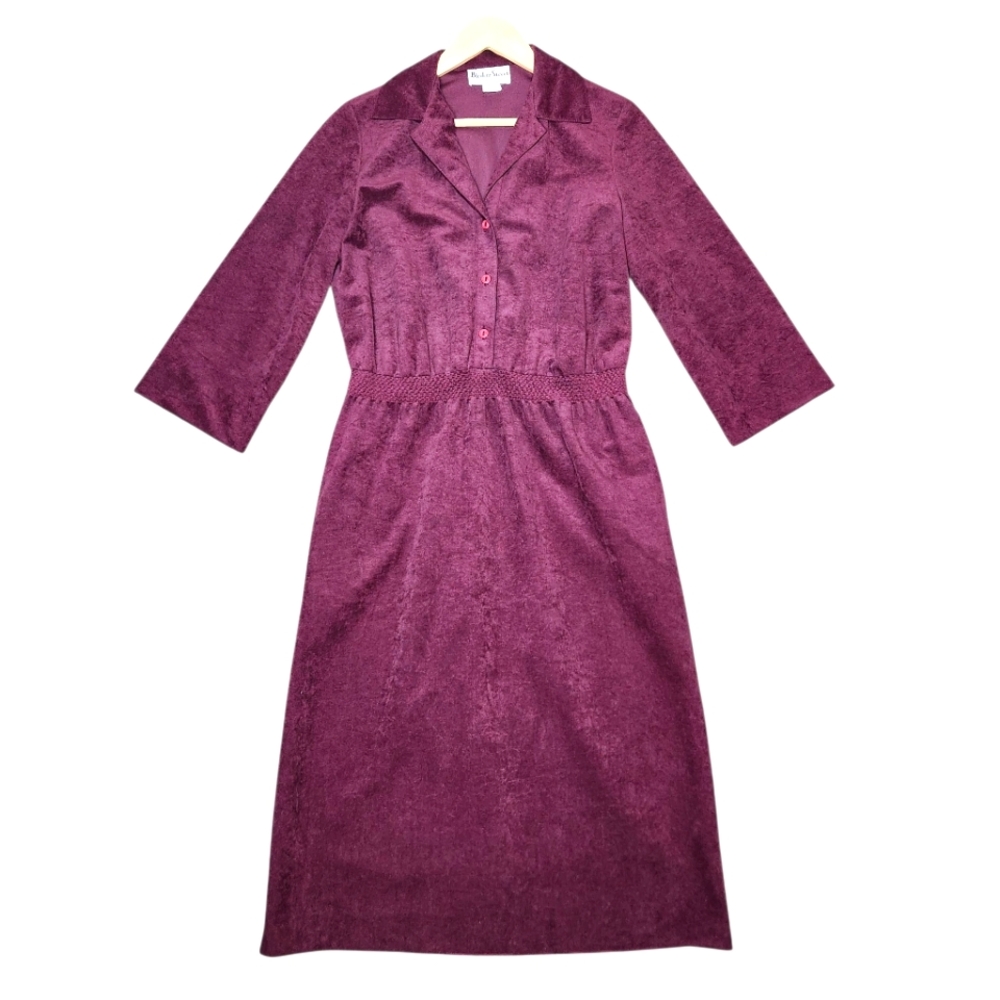 Vintage 70s Purple Velvet Midi Button Dress Collar Boho Cottage Mod Granny 12